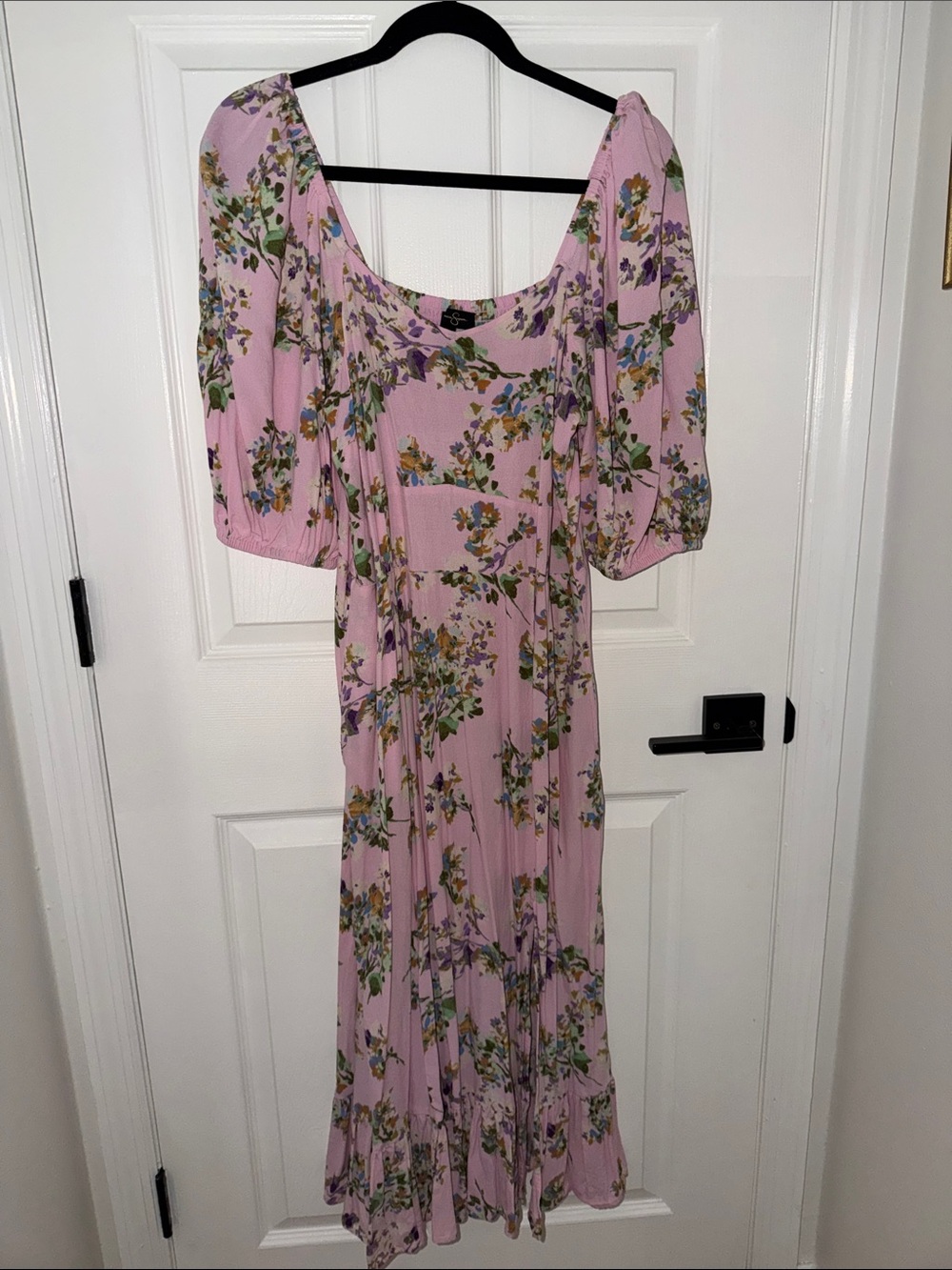 Jessica Simpson Pink Floral Midi Dress with Puff Sleeves